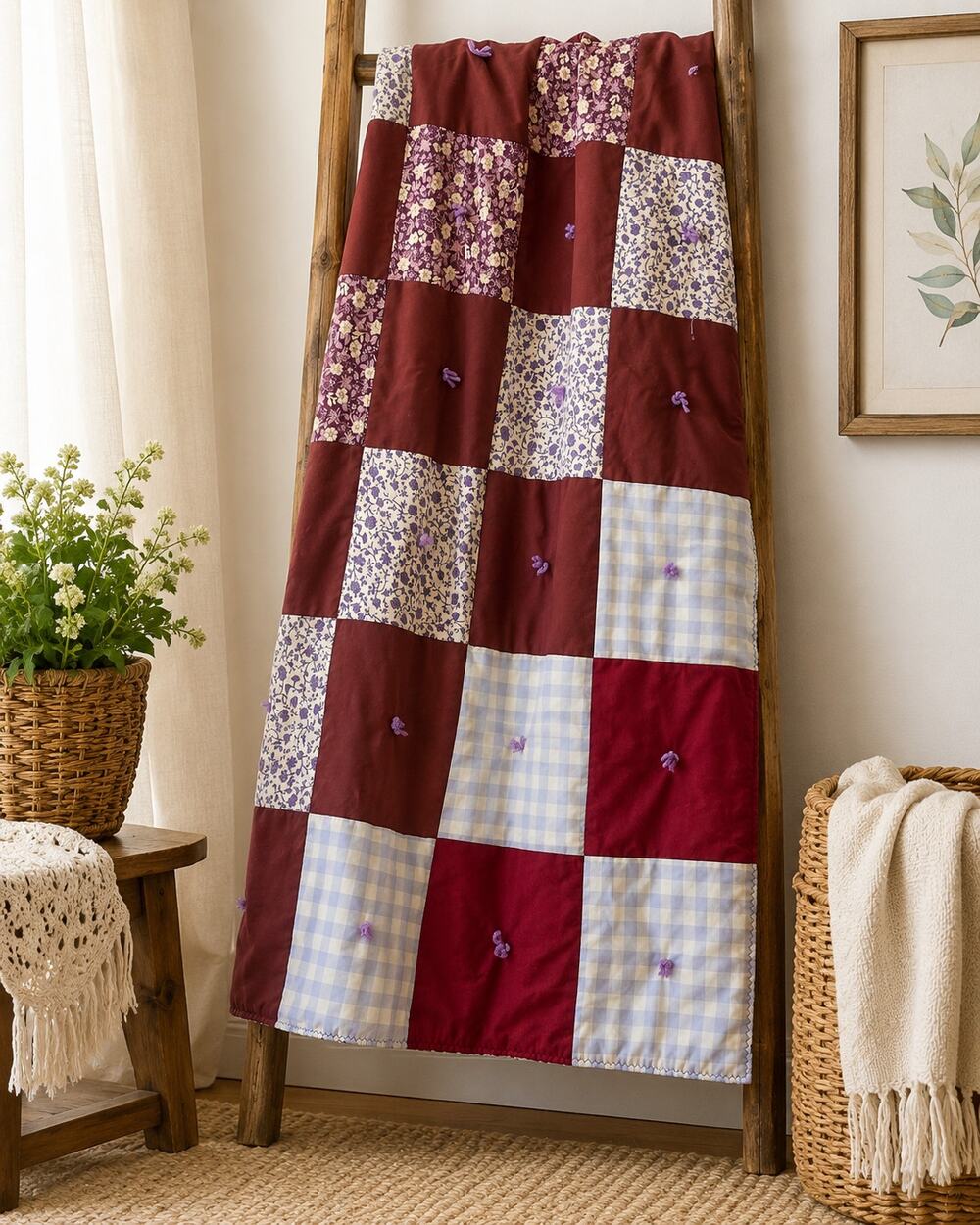 Handmade Patchwork Quilt Burgundy Floral & Gingham Cottage Style Throw Blanket